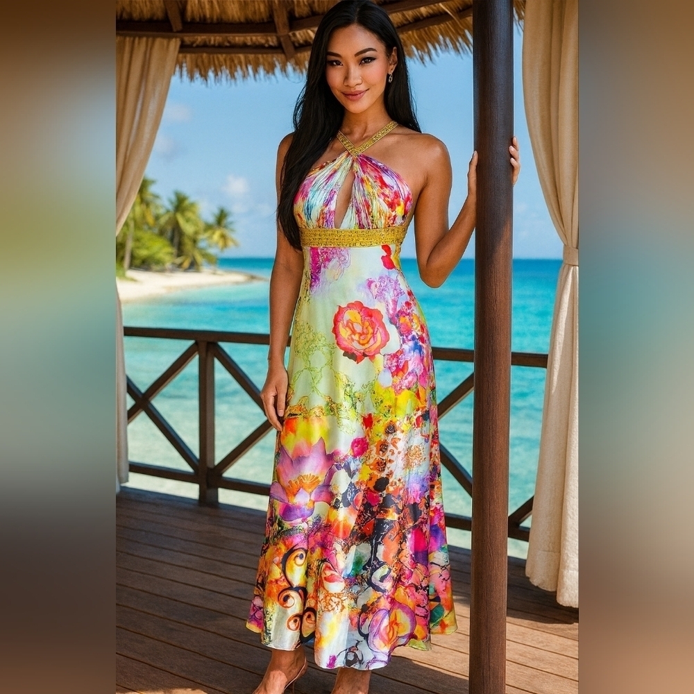 Source Unknown Colorful Floral Halter Maxi Dress